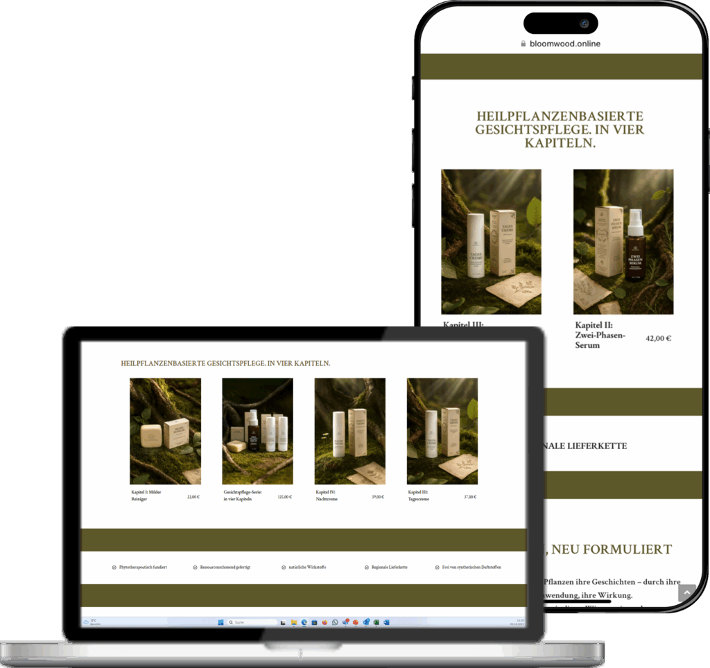 Mac- und iPhone-Mockup der Website bloomwood.online – Webshop-Referenz von MediaBell